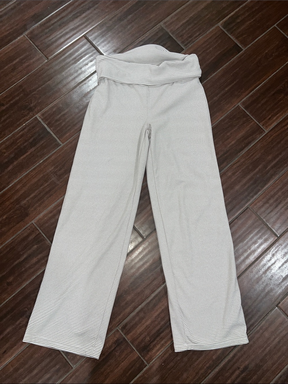 Wide-Leg Fold-Over Waist Pants in White with Thin Black Stripes
